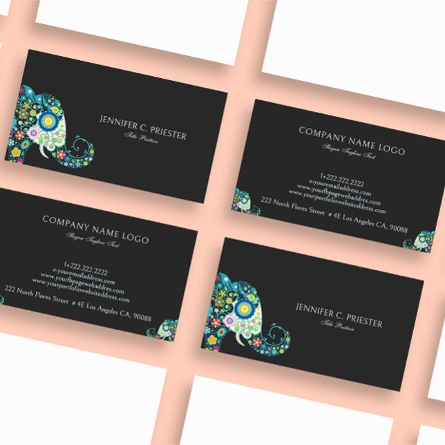 Tarjeta De Visita Elefante Floral Cutáneo Sobre Gris Oscuro (Subido por el creador)