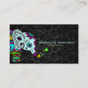 Tarjeta De Visita Elefante floral retro colorido y damascos negros 2