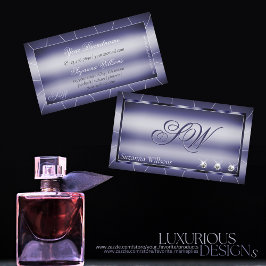 Tarjeta De Visita Elegancia azul con diamantes espumosos y monograma