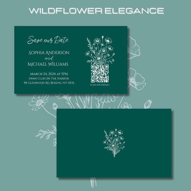 Tarjeta De Visita Elegancia De Flor Silvestre-Boda Guardar La Fecha- (Wildflower Elegance Wedding Save Our Date-Emerald Green-Rustic, Country, Bohemian)