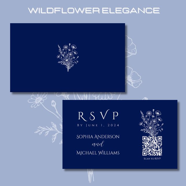 Tarjeta De Visita Elegancia de flor silvestre-código RSVP-QR- (Wildflower Elegance Wedding RSVP Card with QR code-Rustic-Bohemian-Blue)