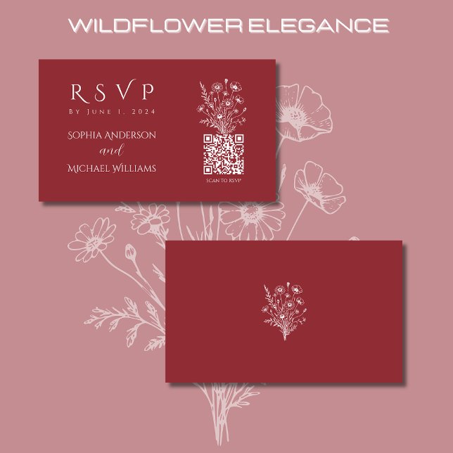 Tarjeta De Visita Elegancia de flor silvestre-código RSVP-QR- (Wildflower Elegance Wedding RSVP QR Code-Red, Country, Rustic, Boho, Bohemian, Elegant)