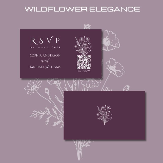 Tarjeta De Visita Elegancia de flor silvestre-código RSVP-QR- (Wildflower Elegance Wedding RSVP Purple-Rustic, Country, Bohemian)