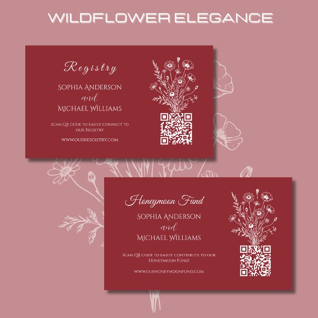 Tarjeta De Visita Elegancia de flores silvestres-registro-luna de mi (Wildflower Elegance Wedding Registry and Honeymoon Fund-Red-Rustic, country, bohemian, boho, elegant)