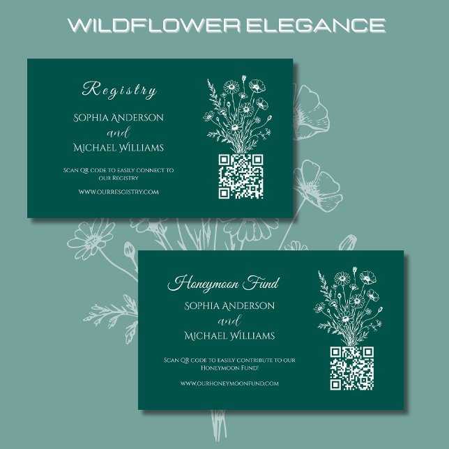Tarjeta De Visita Elegancia de flores silvestres-registro-luna de mi (Wildflower Elegance Wedding Registry and Honeymoon Fund Emerald Green, Rustic, Country Bohemian)
