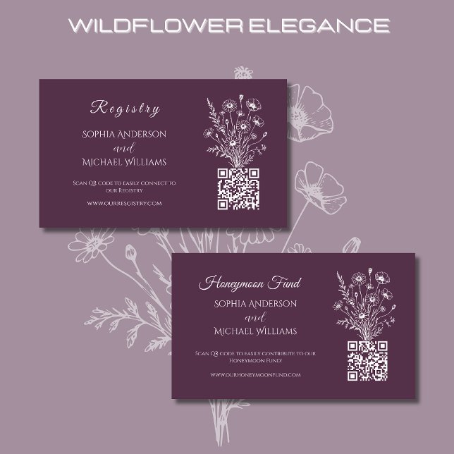 Tarjeta De Visita Elegancia de flores silvestres-registro-luna de mi (Wildflower Elegance Wedding Registry and Honeymoon Fund Purple-Rustic-Bohemian-Country)