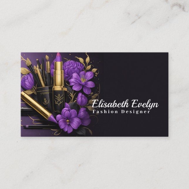 Tarjeta De Visita Elegancia dorada y flores moradas g65 (Anverso)