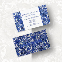 Tarjeta De Visita Elegancia eterna Floral azul y blanca de Chintz