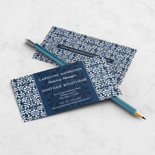 Tarjeta De Visita Elegancia floral escandinava azul y blanca