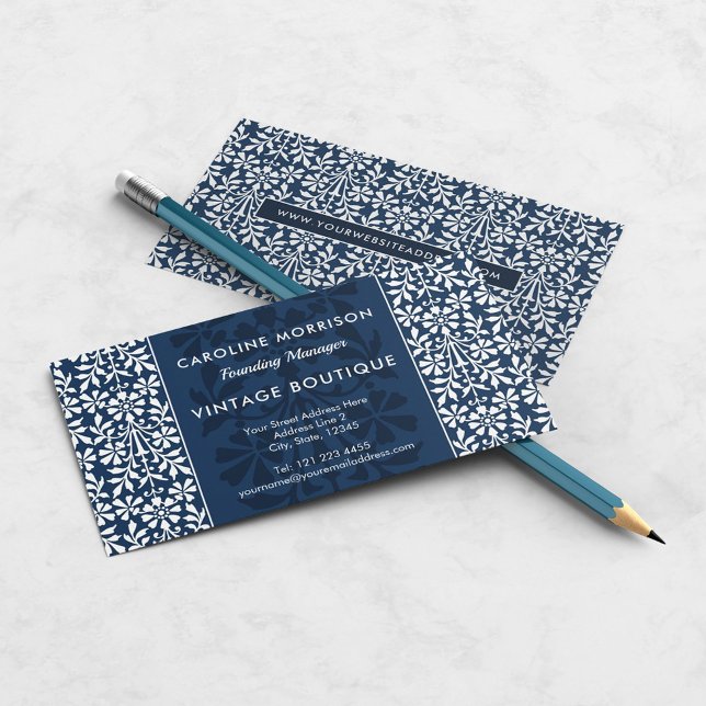 Tarjeta De Visita Elegancia floral escandinava azul y blanca (Subido por el creador)