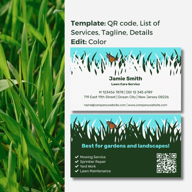 Tarjeta De Visita Elegancia inspirada en la naturaleza con mariposa: (Nature-Inspired Elegance with Butterfly: Lawn Care Business Card, Service List, QR code, Tagline)