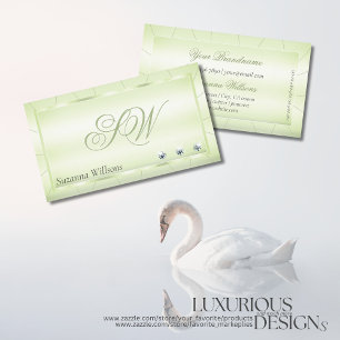 Tarjeta De Visita Elegancia Pastel Verde con Diamantes y Monograma