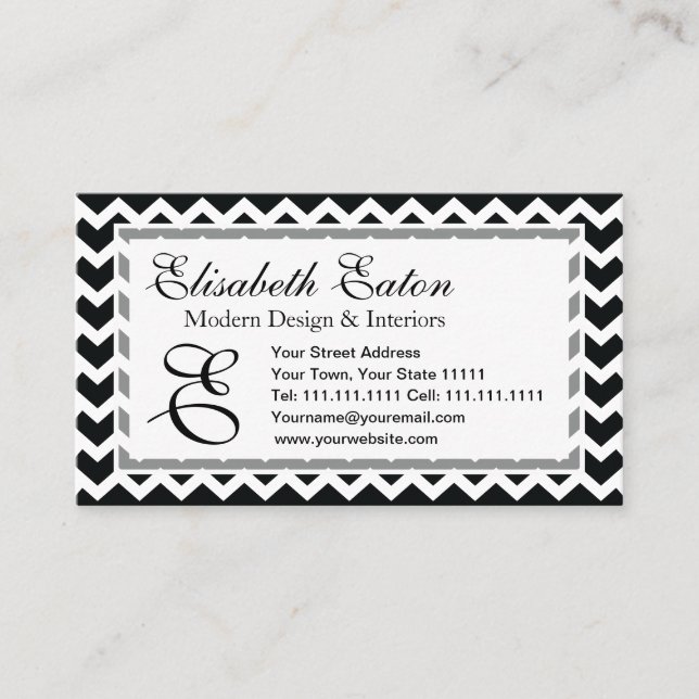 Tarjeta De Visita Elegancia retra del zigzag blanco y negro de (Anverso)