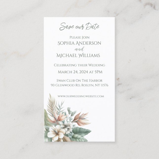 Tarjeta De Visita Elegancia tropical- Boda-Guardar la fecha- (Anverso)