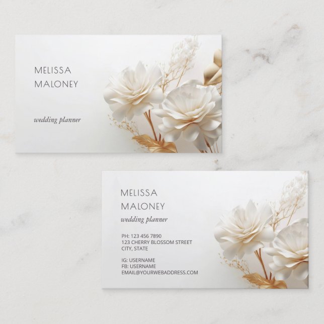 Tarjeta De Visita Elegant 3D White Gold Roses (Anverso / Reverso)
