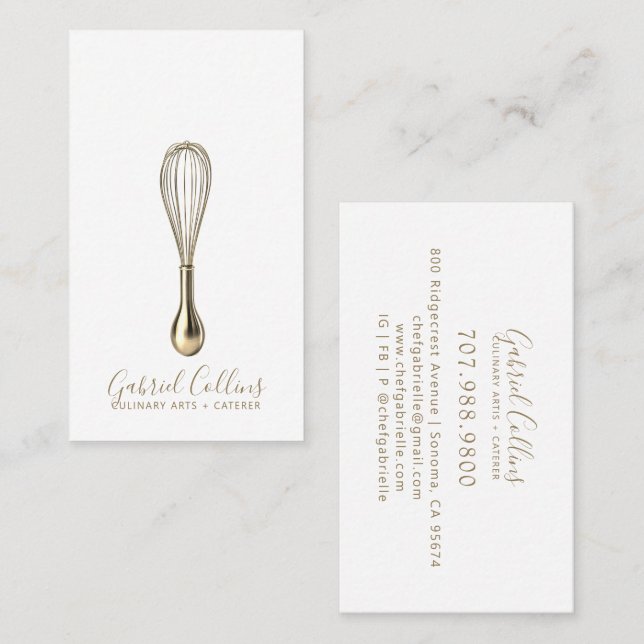 Tarjeta De Visita Elegant Baker Caterer Gold Whisk  (Anverso / Reverso)