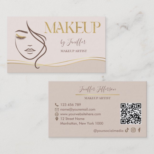 Tarjeta De Visita Elegant Beige & Gold Makeup Artist Bussines card (Anverso / Reverso)