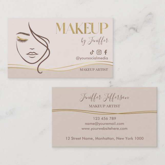Tarjeta De Visita Elegant Beige & Gold Makeup Artist Bussines card (Anverso / Reverso)