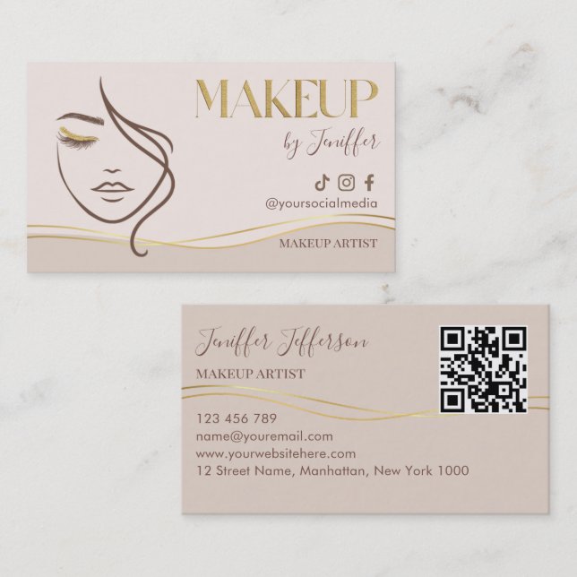 Tarjeta De Visita Elegant Beige & Gold Makeup Artist Bussines card (Anverso / Reverso)