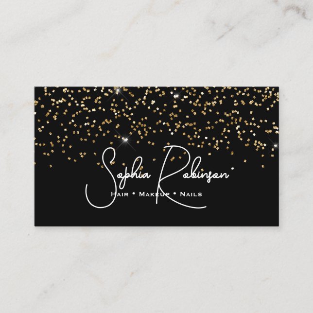 Tarjeta De Visita Elegant Black and Gold Glitter Salon Business Card (Anverso)