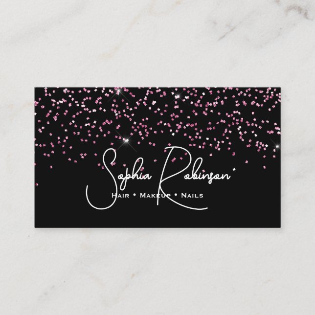 Tarjeta De Visita Elegant Black and Pink Glitter Salon Business Card (Anverso)