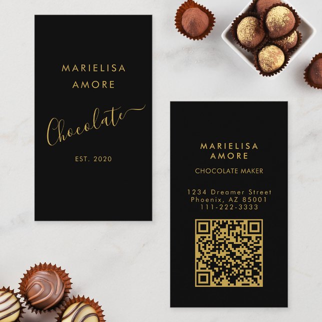 Tarjeta De Visita Elegant Black Gold Script Chocolate Qr Code (Subido por el creador)