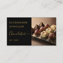 Tarjeta De Visita Elegant Black Gold Script Chocolatier Branding