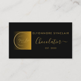 Tarjeta De Visita Elegant Black Gold Script Logo Chocolatier