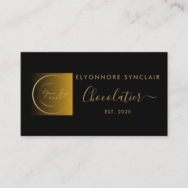 Tarjeta De Visita Elegant Black Gold Script Logo Chocolatier (Anverso)