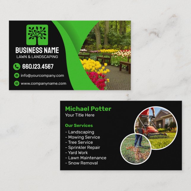 Tarjeta De Visita Elegant Black Green Landscaping Lawn Care Service (Anverso / Reverso)