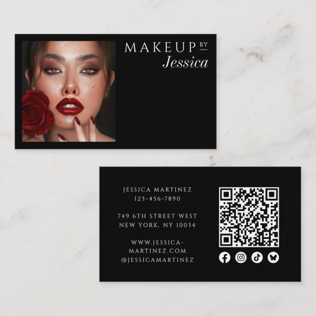 Tarjeta De Visita Elegant Black QR Code Social Icons Photo Makeup (Anverso / Reverso)