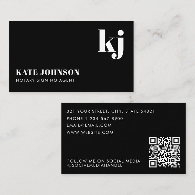 Tarjeta De Visita Elegant Black White Minimalist QR Code Monogram (Anverso / Reverso)