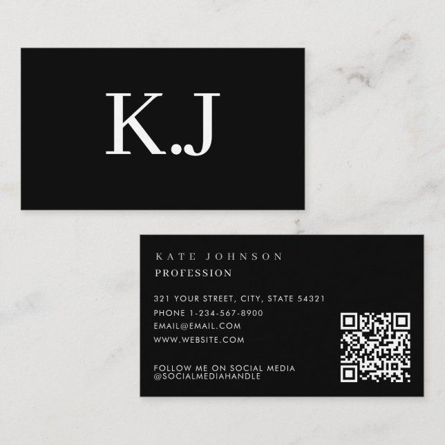Tarjeta De Visita Elegant Black White Minimalist QR Code Monogram (Anverso / Reverso)