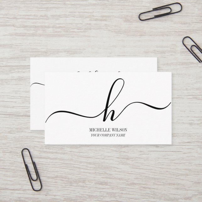 Tarjeta De Visita Elegant Black White Monogram Initial Script Name  (Anverso/Reverso In Situ)