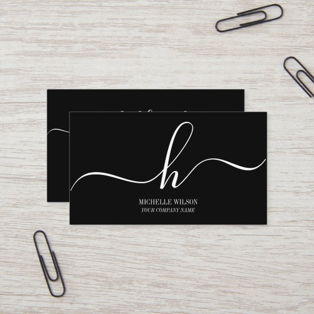 Tarjeta De Visita Elegant Black White Monogram Initial Script Name  (Anverso/Reverso In Situ)