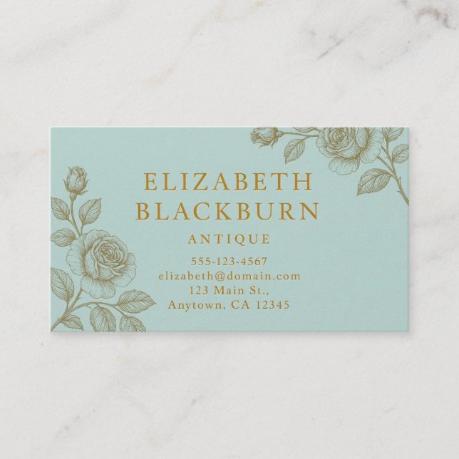 Tarjeta De Visita Elegant Blue and Gold Rose Business Card (Anverso)