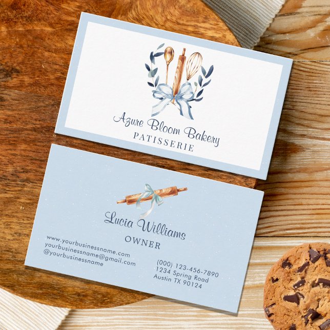 Tarjeta De Visita Elegant Blue Coquette Bow Utensils Bakery (Watercolor Blue bow utensils bakery business card)