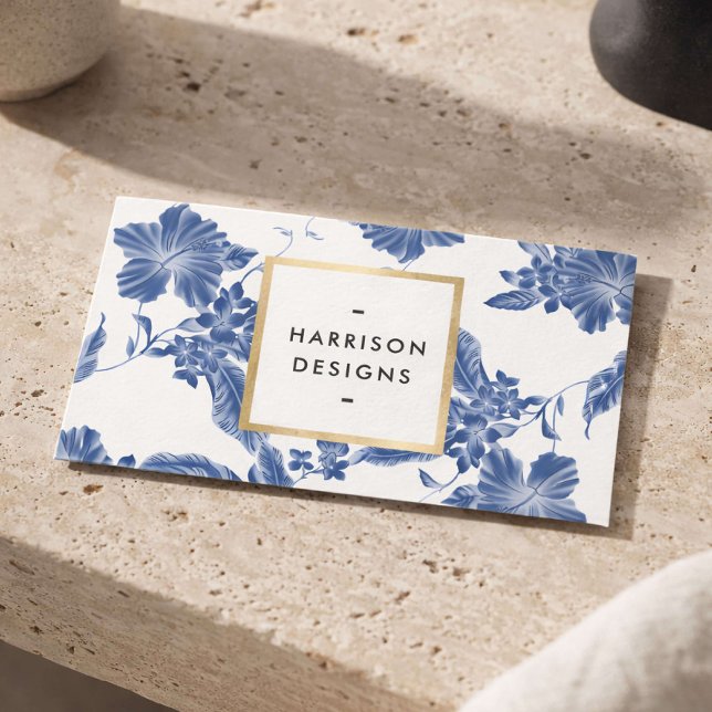 Tarjeta De Visita Elegant Blue Floral Interior Designer (Subido por el creador)