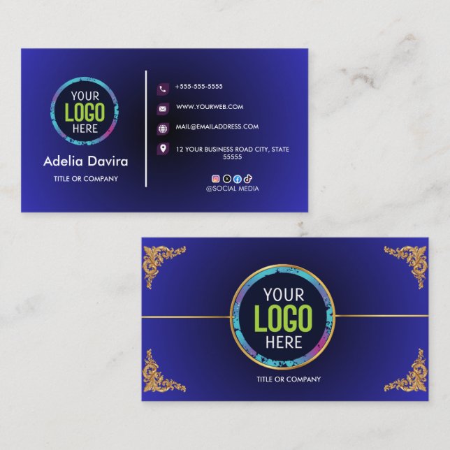 Tarjeta De Visita Elegant Blue Gold Professional Business Card (Anverso / Reverso)