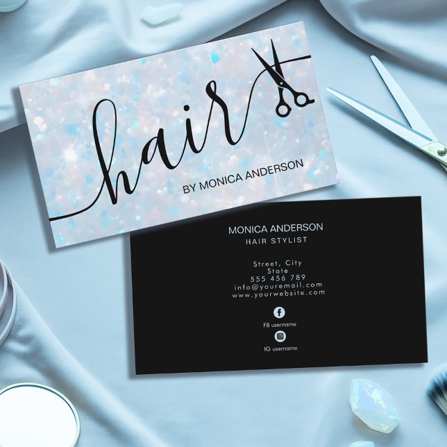 Tarjeta De Visita Elegant Blue Opal Glitter Hair Script Scissors (Elegant Blue Opal Glitter Hair Script Scissors Business Card)