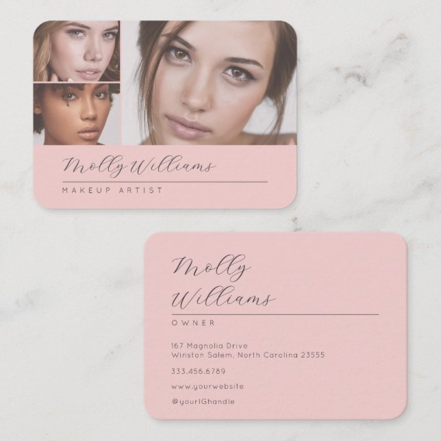 Tarjeta De Visita Elegant Blush Pink Black Script 3 Photo Makeup (Anverso / Reverso)