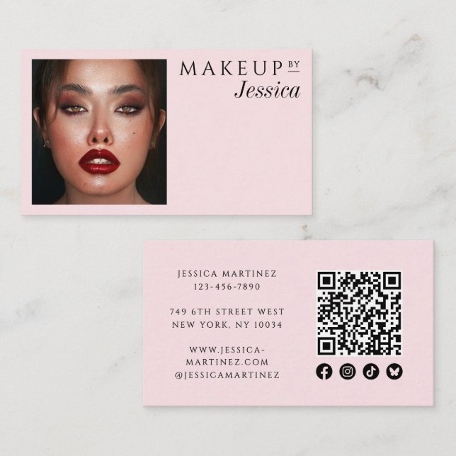 Tarjeta De Visita Elegant Blush Pink QR Code Social Photo Makeup (Anverso / Reverso)