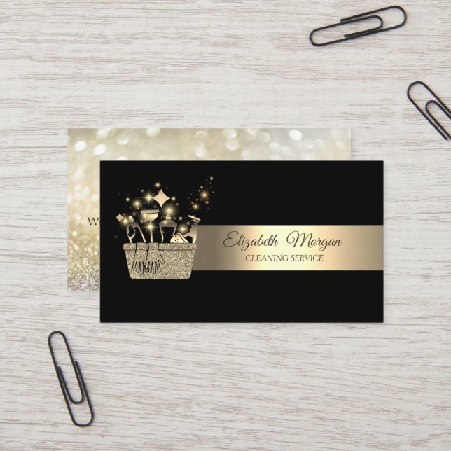 Tarjeta De Visita Elegant Bokeh Gold Glitter Cleaning Tools Black (Anverso/Reverso In Situ)