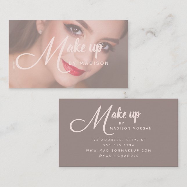 Tarjeta De Visita Elegant Bold Blush Pink Script Photo Makeup (Subido por el creador)