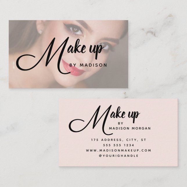 Tarjeta De Visita Elegant Bold Script Blush Pink Photo Makeup (Anverso / Reverso)