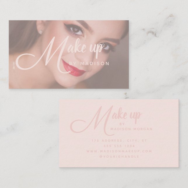 Tarjeta De Visita Elegant Bold Script Blush Pink Photo Makeup (Anverso / Reverso)