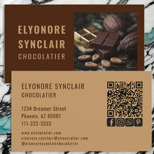 Tarjeta De Visita Elegant Brown Caramel Chocolatier Foto Social QR