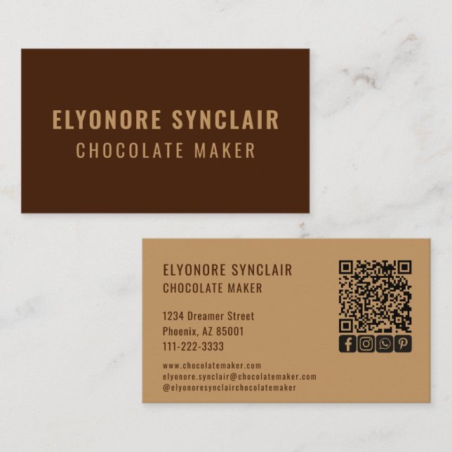 Tarjeta De Visita Elegant Brown Chocolate Maker Social Icon QR Code  (Anverso / Reverso)