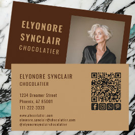 Tarjeta De Visita Elegant Brown Chocolatier Personal Photo Social QR