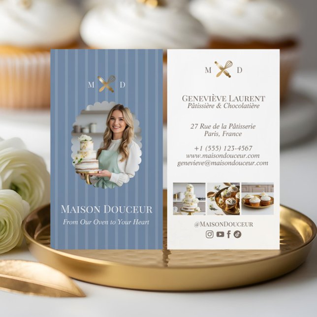 Tarjeta De Visita Elegant Chic Bakery Stripes & Gold Whisk Photo  (Elegant Chic Bakery Stripes & Gold Whisk Photo Business Card)